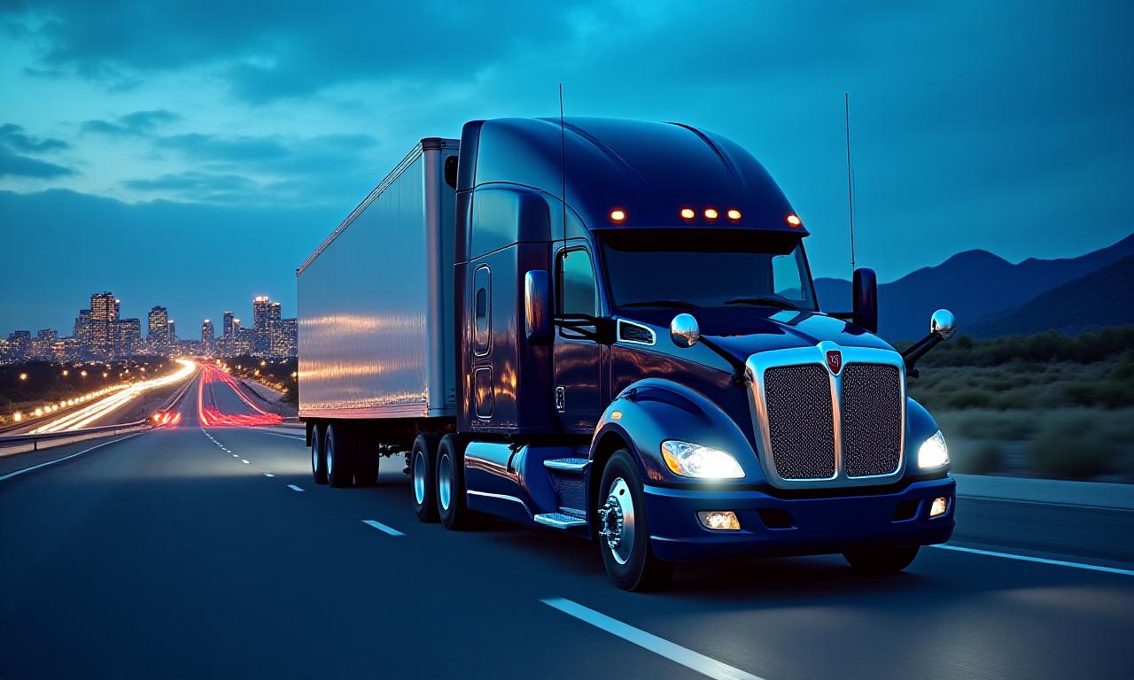 zxy Caesar supply chain inc truck moving through the Denver skyline at dusk