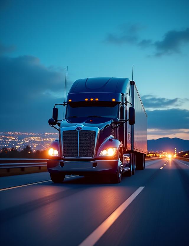 Heavy hauling truck on a Denver highway at dusk