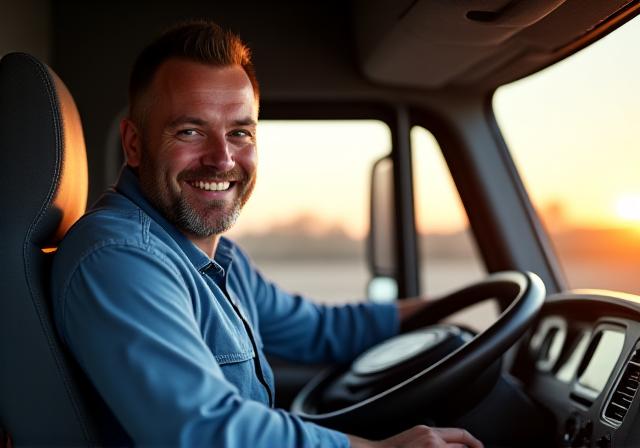 A professional truck driver in a modern cab smiling
